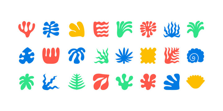 Set of abstract organic summer shapes. Vector icons in minimalist contemporary style. Silhouettes of algae, leaves, corals and seashells