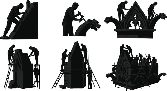 Silhouette of stone carvers restoring gothic cathedral architecture with chisels and scaffolding, teamwork restoration workers on historical building structure