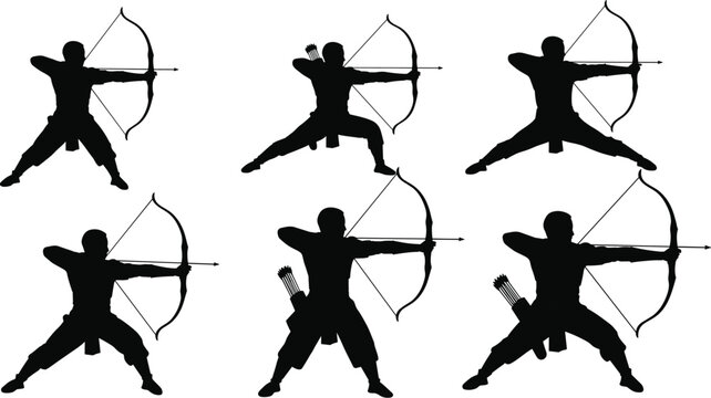 Silhouette of archers aiming and shooting with bow and arrow in various poses, traditional archery sport and training concept illustration