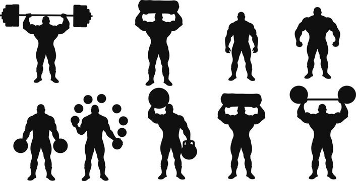 Silhouette of strong bodybuilder lifting heavy weights, gym workout poses, powerlifting and fitness strength training vector illustration collection