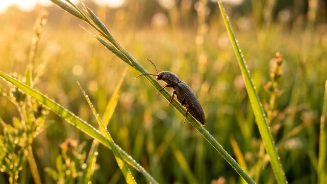 click beetle on grass in meadow golden light close up video