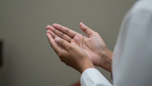 Close-up of hands raised in prayer for islamic faith traditions