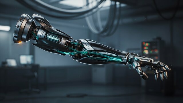 Futuristic Robotic Arm with Mechanical and Electronic Components in Laboratory