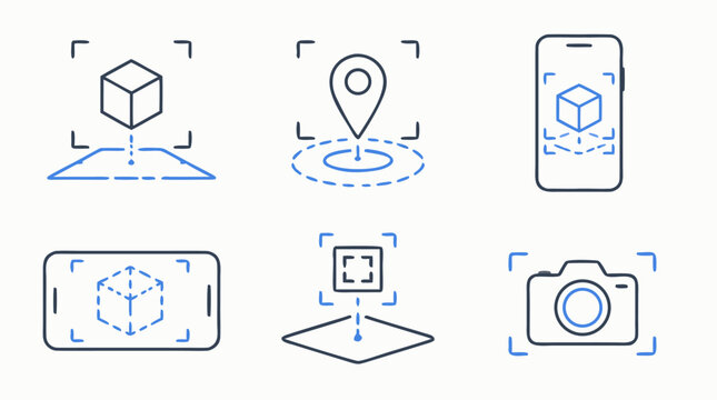 Clean flat vector illustration on a light background showing augmented reality scanning, mobile object recognition, camera frames, and location markers for technology app promotion.