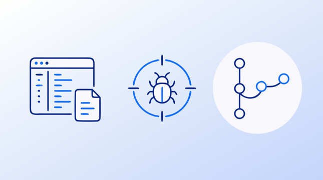 Clean flat vector illustration of software development, bug tracking, and workflow icons on a light background for QA testing or technology services branding.