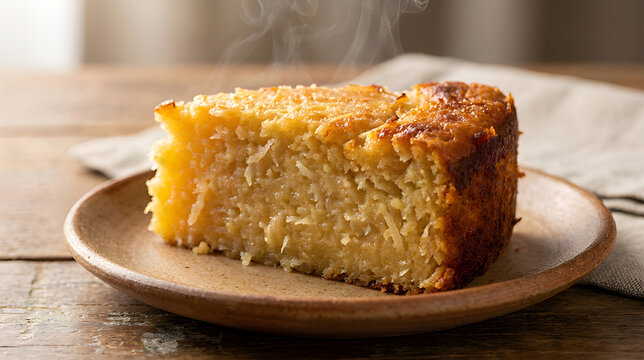 Slice of Moist Cassava Coconut Cake Bolo de Macaxeira with Steam
