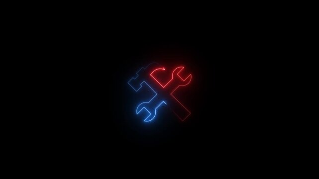 Neon glowing blue tools icon animation in black background.Neon glowing blue tools icon animation in black background