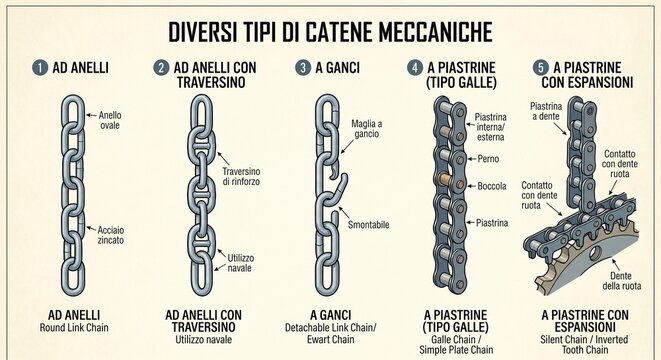 illustrazione di diversi tipi di catene meccaniche.