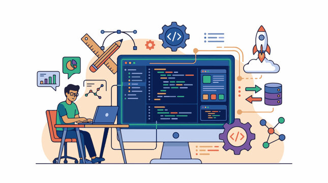 A person codes on a laptop surrounded by data gears and a rocket