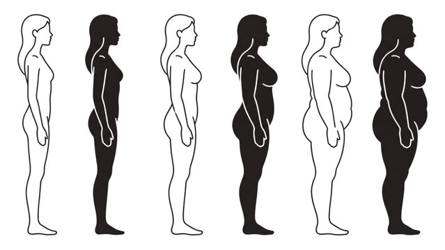 A visual representation of female body types, ranging from slender to overweight, depicted in contrasting black and white outlines. Each silhouette showcases a different body shape.