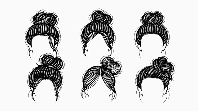 Set of messy bun hairstyles, black and white line art, vector illustration