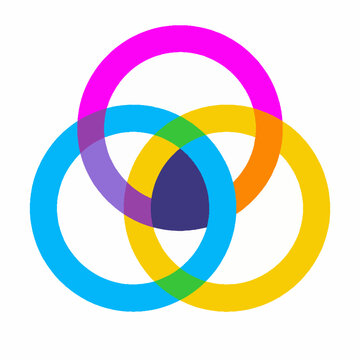 Abstract geometric logo design featuring three interlocking colorful rings in magenta cyan and yellow.