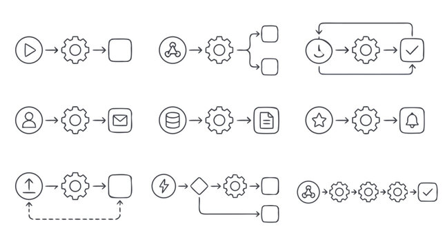 Clean flat vector illustration of workflow automation process icons with gears, arrows, checks and data symbols on a light background for software interface or business presentation design.