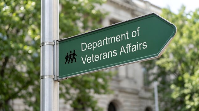 Green directional sign pointing towards the department of veterans affairs office featuring bold white text and a small icon
