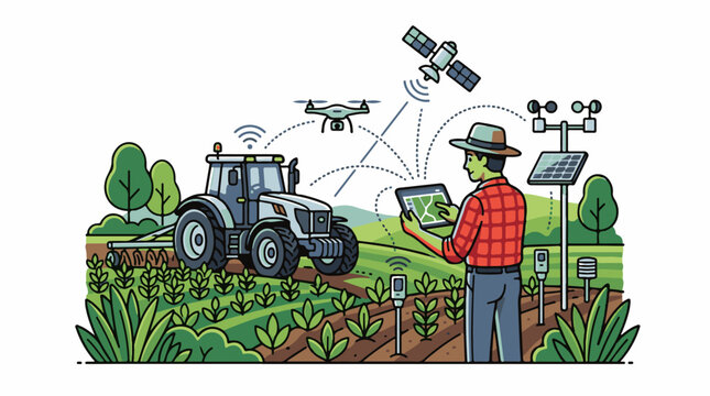 A man in a red plaid shirt uses a tablet to monitor a tractor and drones in a field