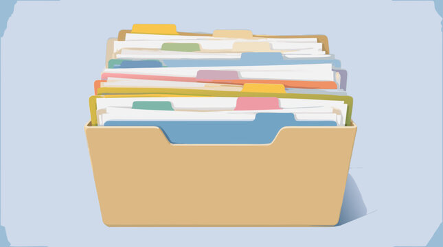Clean flat vector illustration of a tan file organizer filled with colorful tabbed folders on a light background, ideal for office filing, records management, and productivity concepts.