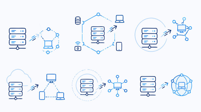 Clean flat vector illustration on a light background showing cloud servers, data transfer arrows and connected devices for hosting, networking or IT service presentations.