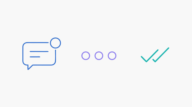 Clean flat vector illustration of chat bubble, typing dots and double check marks on a light background for messaging app UI or customer support designs.