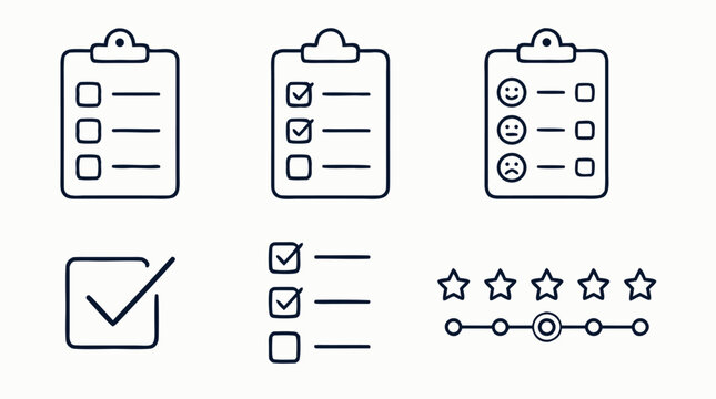 Clean flat vector illustration on a light background showing checklist, survey, approval checkmark and star rating icons for feedback forms or task management apps.