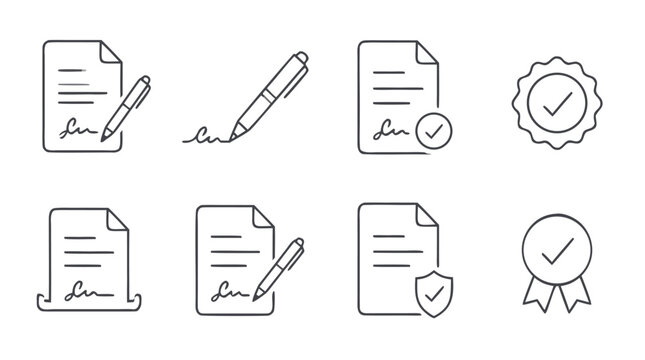 Clean flat vector illustration on a light background showing document signature, pen, check mark, seal and certificate icons for contract approval or business verification use.