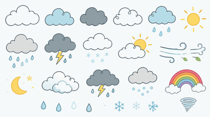 Obraz premium Clean flat vector illustration on a light background showing colorful weather forecast icons for climate apps, education materials, seasonal planners, and web design.
