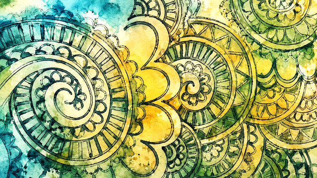 Watercolor Mandala Teal Yellow Spiritual Boho Illustration