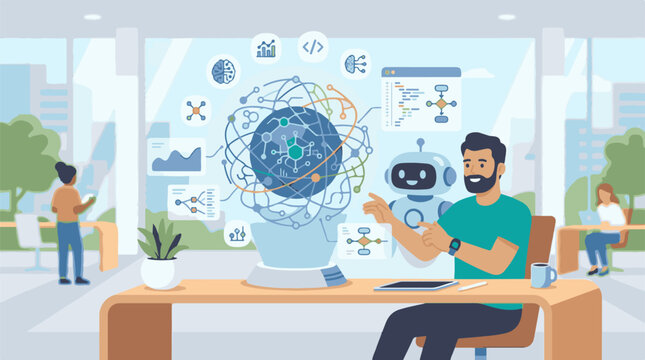 A man interacts with a robot and a computer-generated globe