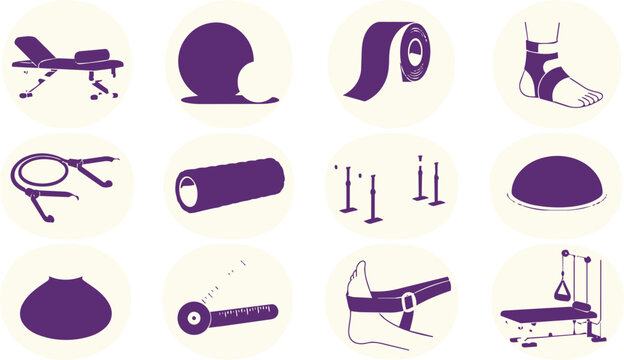 Modern Physical Therapy Rehabilitation Exercise Equipment Purple Icon Set