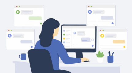 Fototapeta premium Clean flat vector illustration on a light background of a woman managing online chat support at a desktop, ideal for customer service and remote work promotions.