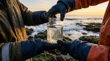Fototapeta premium People holding water bottle in front of ocean, sunset