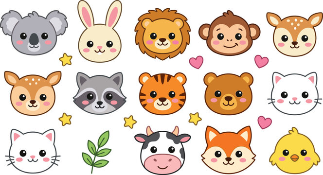 Cute cartoon animal faces sticker set with koala bunny lion monkey deer raccoon tiger bear cat cow fox and chick