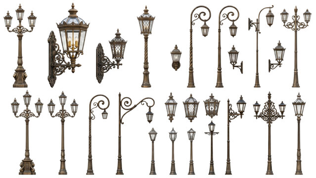A collection of various vintage street lamps and wall sconces with ornate designs