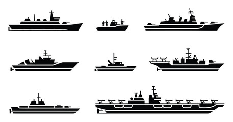 A collection of black silhouette representing various types of military naval warships and maritime vessels © khalid