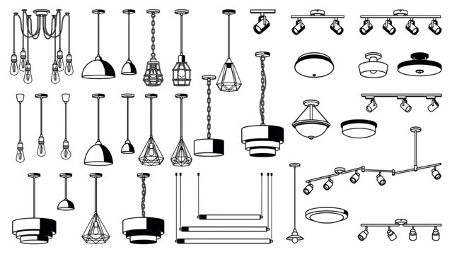 A collection of diverse pendant lights and ceiling fixtures in a line art style