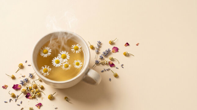 Steaming ceramic cup of chamomile herbal tea with dried lavender and rose petals on beige background