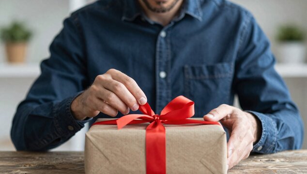Man is about to untie red ribbon on brown present in a bright indoor environment