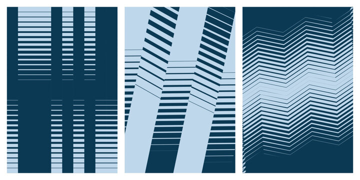 Set of three modern minimalist light blue and dark teal abstract geometric background pattern designs for cover templates.