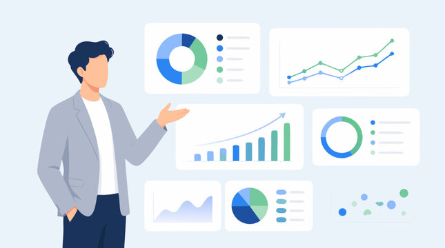 Clean flat vector illustration on a light background showing a business presenter with analytics charts and dashboards for finance, reporting, or data strategy content.
