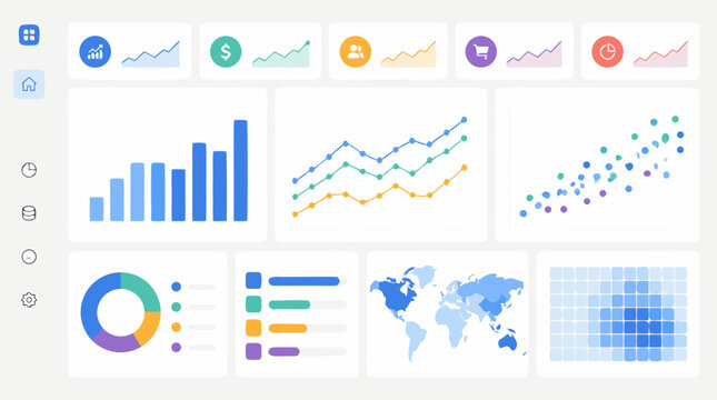 Clean flat vector illustration of a business analytics dashboard with charts, graphs, map and KPI cards on a light background for reporting software promotion.