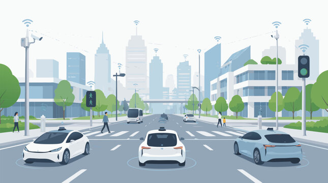 Clean flat vector illustration on a light background showing autonomous electric cars in a connected smart city, ideal for mobility technology and urban planning promotions.
