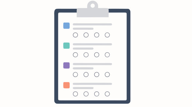 Clean flat vector illustration of a clipboard survey with colored sections and rating circles on a light background, ideal for feedback forms, audits, and task checklist designs.