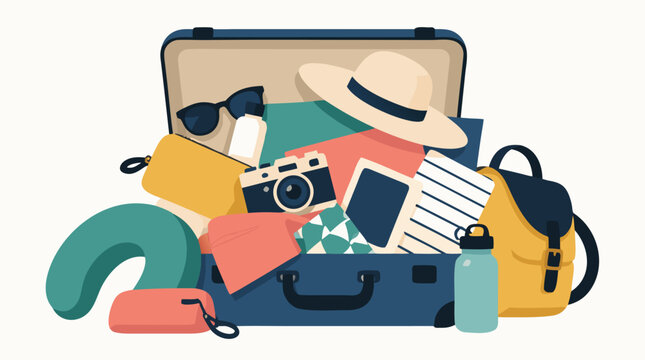 Clean flat vector illustration of an open suitcase packed with travel essentials on a light background, ideal for vacation planning, tourism ads, and packing guides.