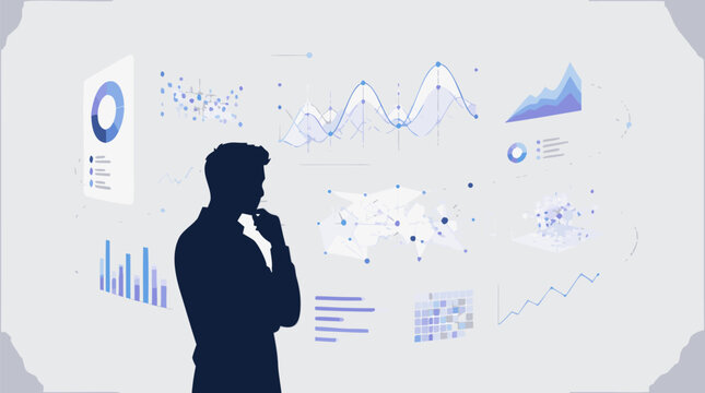 Clean flat vector illustration of a business analyst studying interactive data dashboards on a light background, ideal for analytics, strategy, and reporting materials.