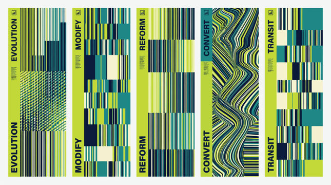 Abstract geometric banner set with evolution and transit text, green and blue glitch art vertical panels, modern data visualization vector graphics
