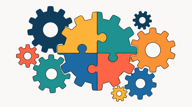 Clean flat vector illustration of colorful puzzle pieces surrounded by gears on a light background, ideal for teamwork, process automation, problem solving, and innovation concepts.