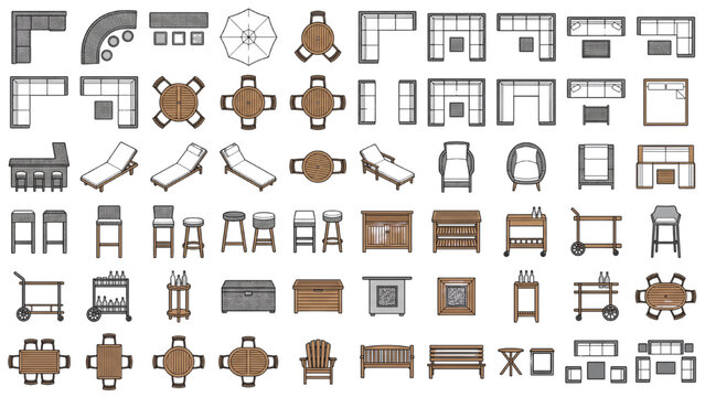 An aerial view collection of modern and traditional furniture for residential and commercial use, including sofas, chairs, tables, bar stools, and outdoor seating