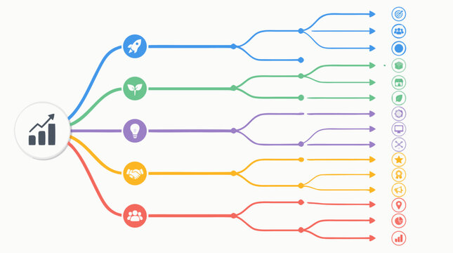 Clean flat vector illustration on a light background showing a colorful business growth roadmap with branching strategy lines and icons for planning presentations.
