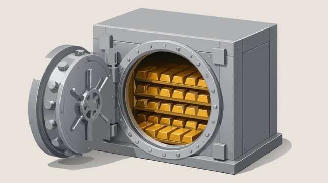Open steel bank vault filled with gold bars, clean flat vector illustration on a light background for finance, investment, wealth security, or banking promotions.