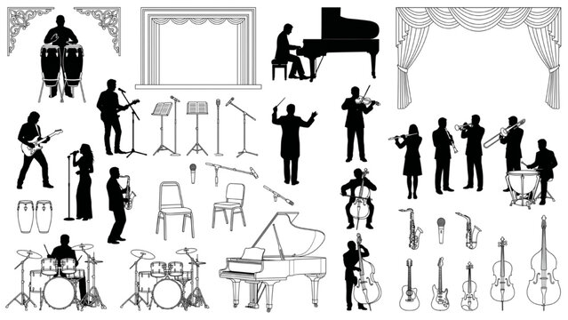 A collection of graphic elements depicting musical instruments and performers in silhouette, suitable for a concert or performance theme