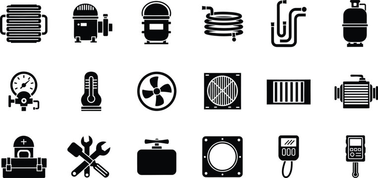Set of black icons representing air conditioning and refrigeration maintenance parts